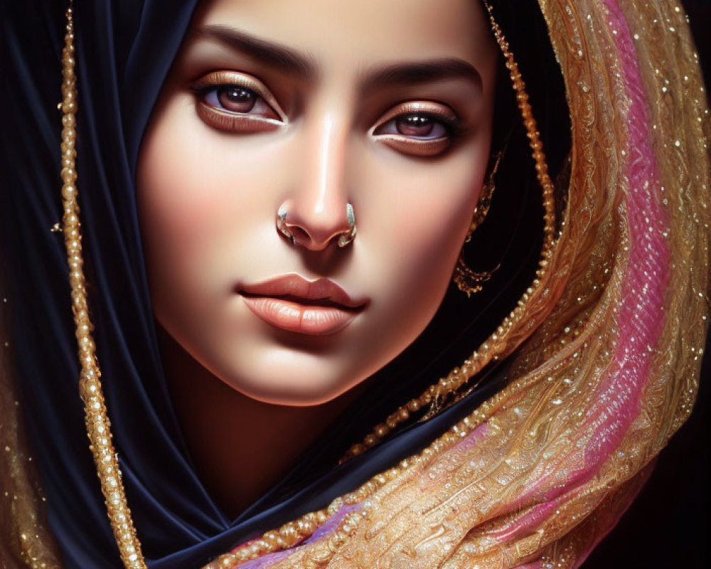Detailed Digital Portrait of Woman in Blue Headscarf and Pink Garment