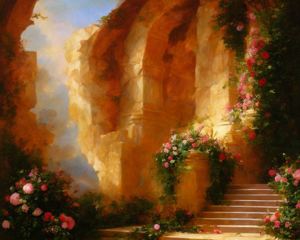 Tranquil painting of sunlit stone archway and staircase with lush greenery and pink roses