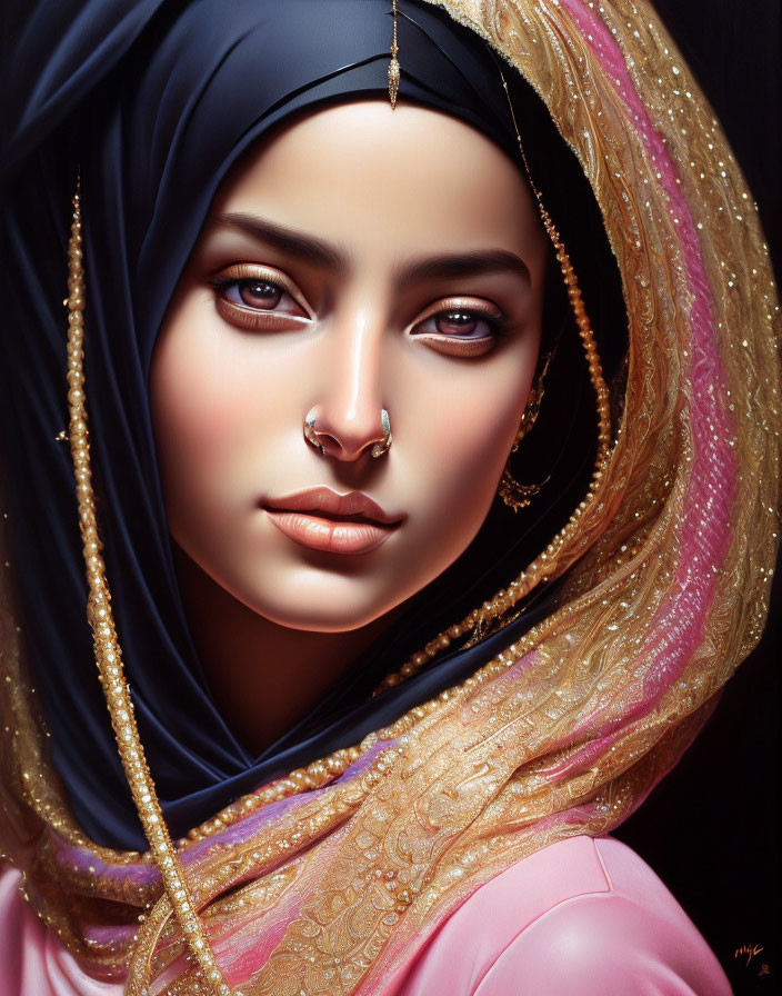 Detailed Digital Portrait of Woman in Blue Headscarf and Pink Garment