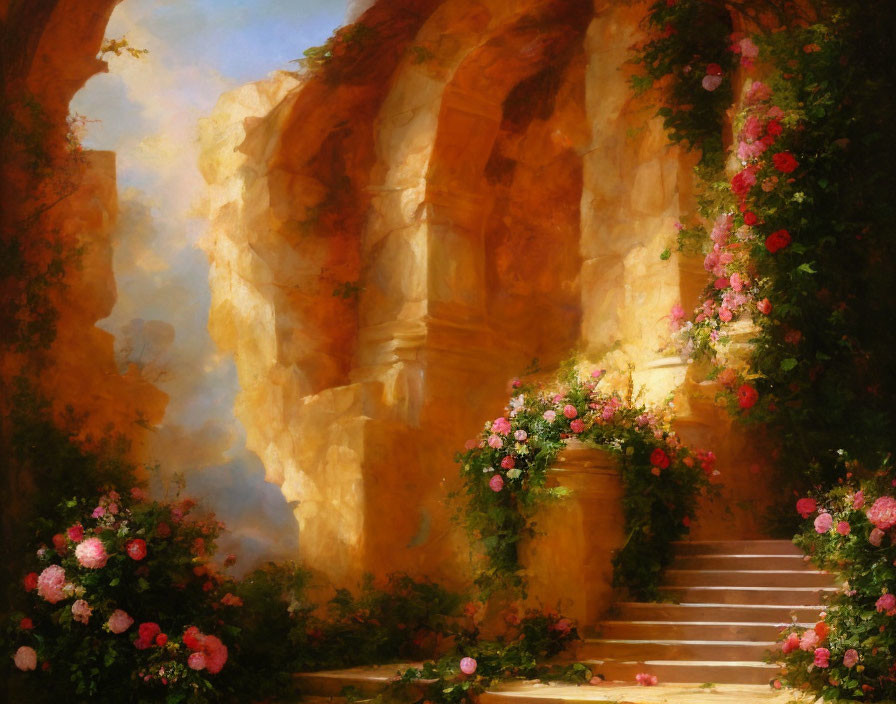 Tranquil painting of sunlit stone archway and staircase with lush greenery and pink roses