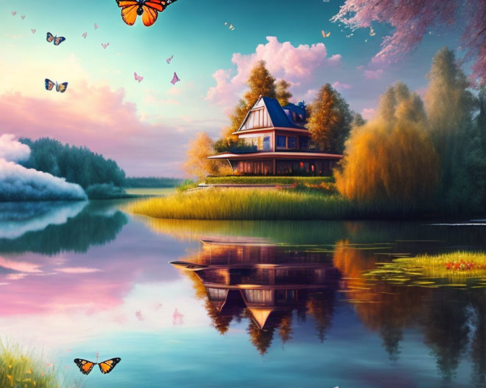 Tranquil lakeside scene with house, greenery, flowers, butterflies at dawn