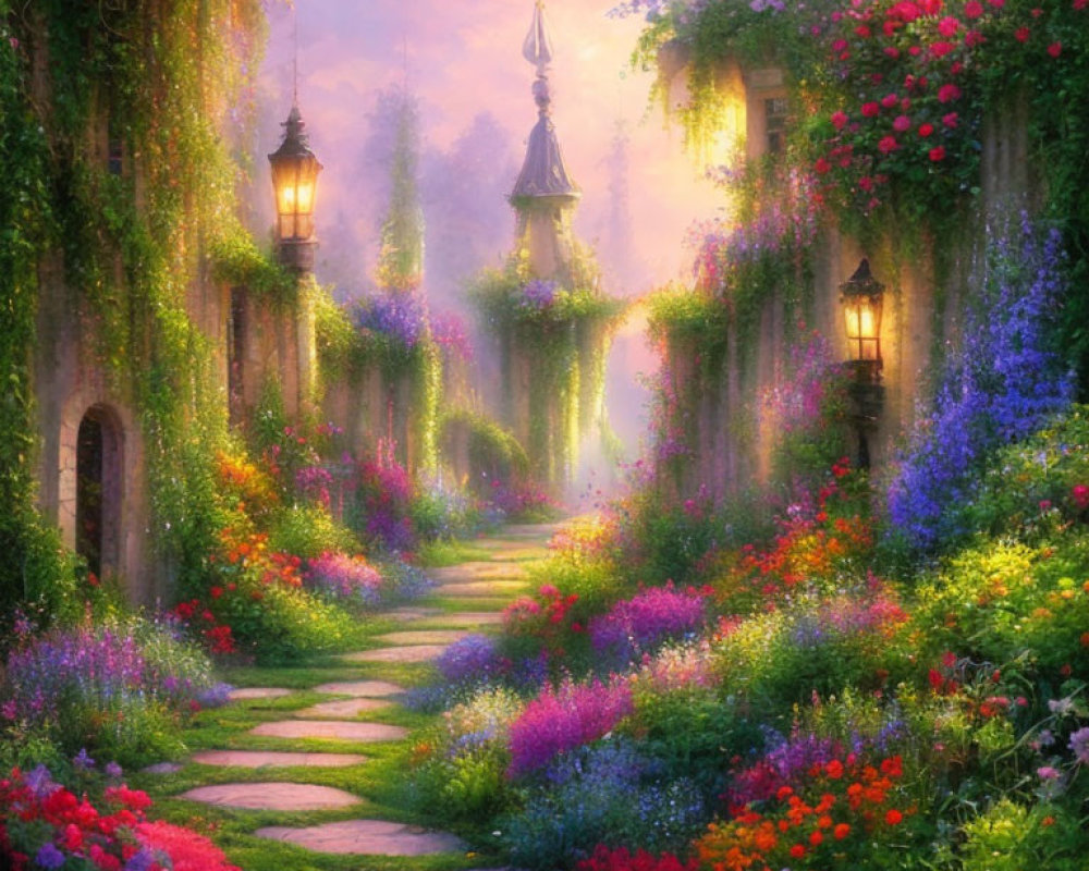 Lush garden pathway with colorful flowers and lanterns leading to distant tower
