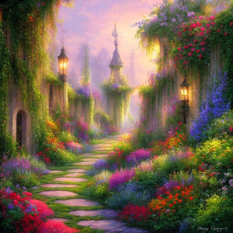 Lush garden pathway with colorful flowers and lanterns leading to distant tower