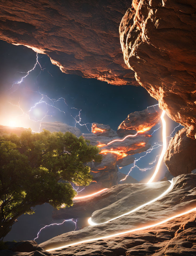 Dramatic cave opening with starry sky, lightning, meteorite trail, rocky terrain, and