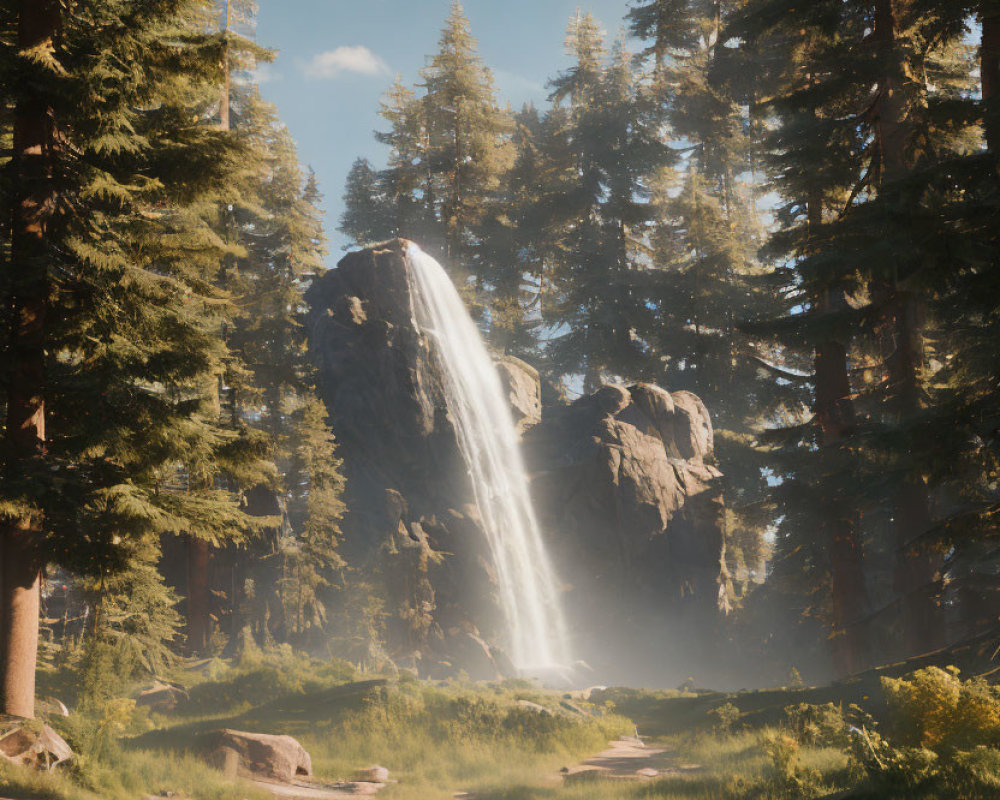 Tranquil forest scene with majestic waterfall and sunlit trees