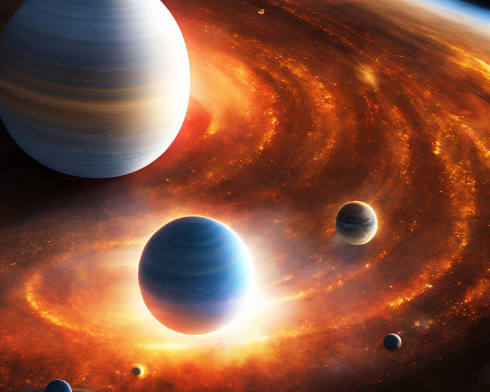 Vibrant Space Scene with Planets Orbiting Bright Star