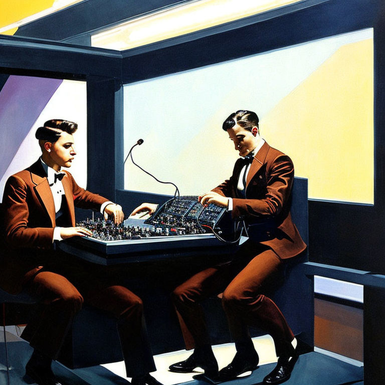 Men in suits operating electronic device against angular background