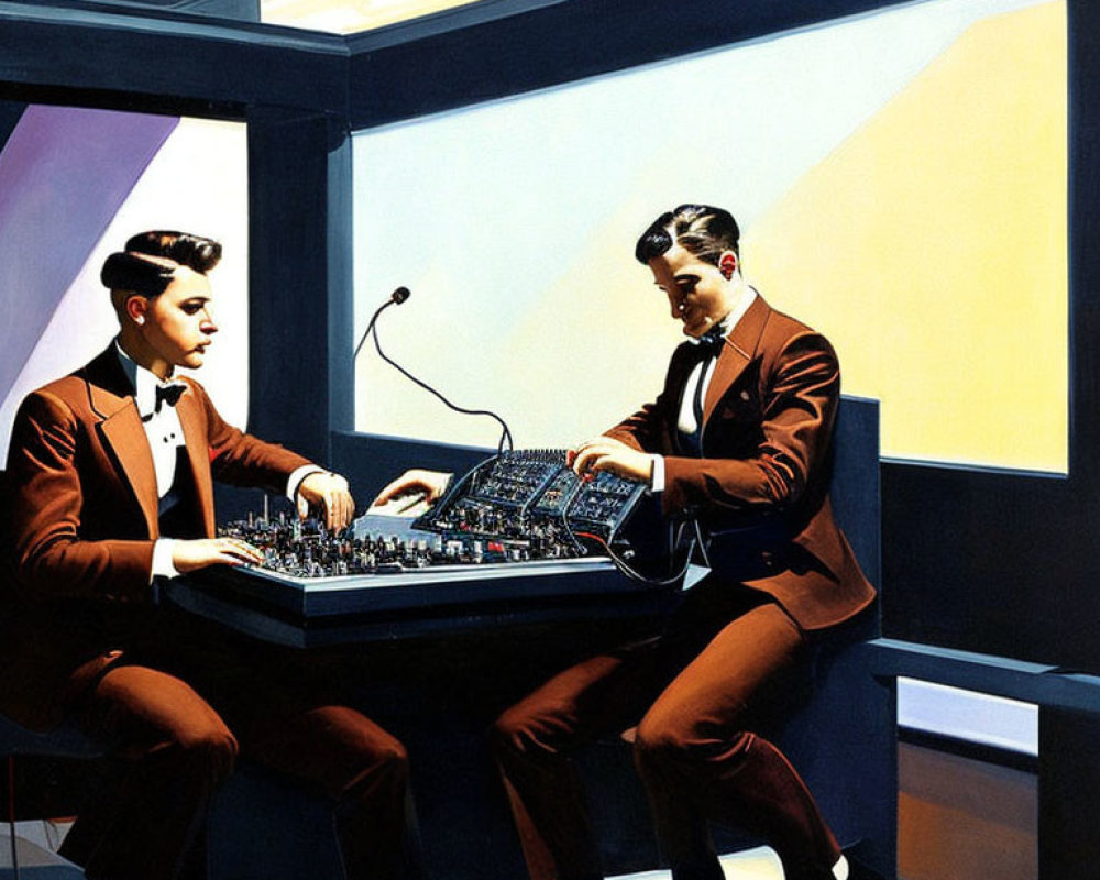 Men in suits operating electronic device against angular background