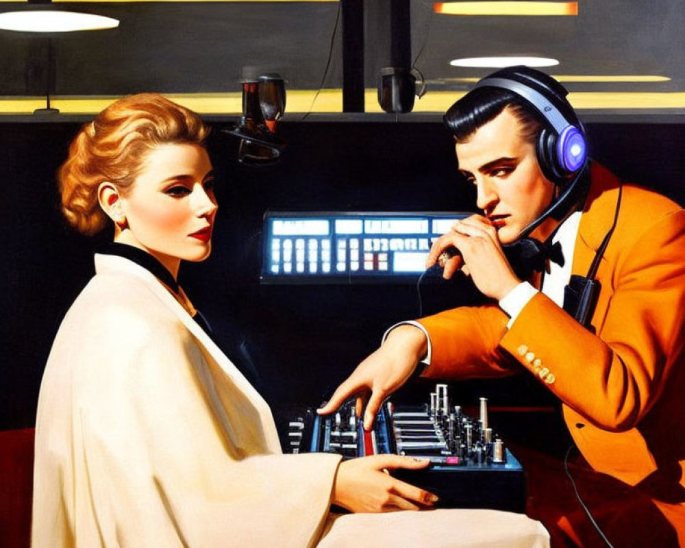 Stylized painting of man and woman with headphones at music mixing console