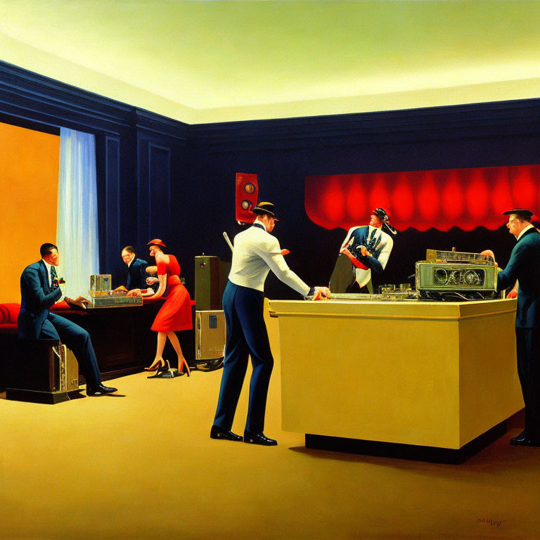 Vintage scene with mid-20th-century attire and analog technology in bold blue and red colors