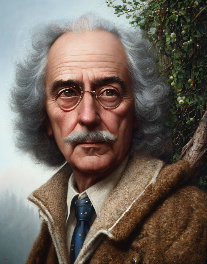 Elderly man portrait with white hair, glasses, suit, tie, beige coat, foliage,
