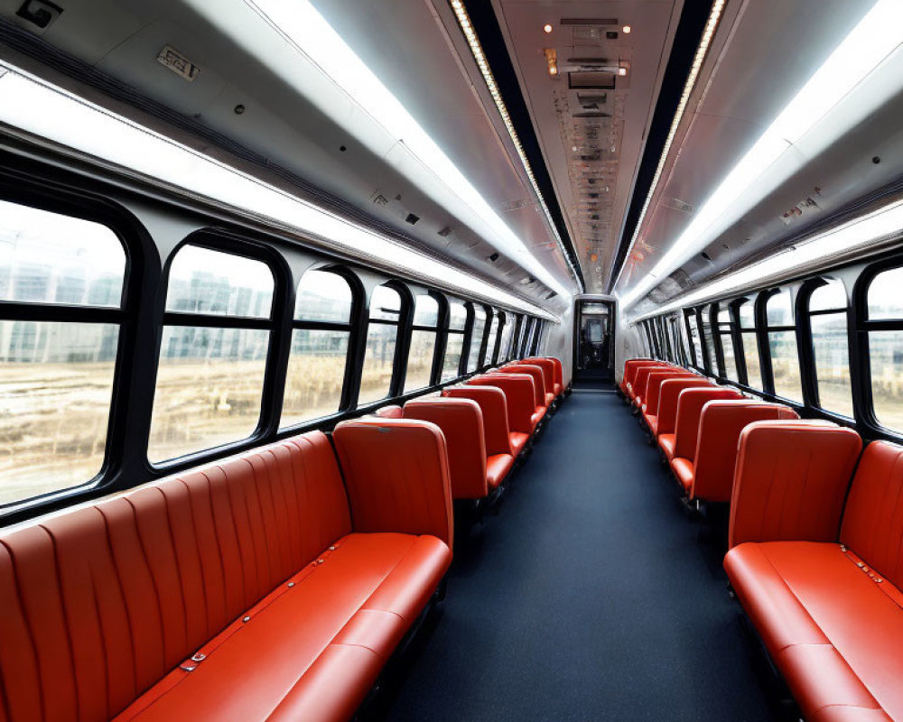 Empty Train Carriage with Red Seats and Large Windows