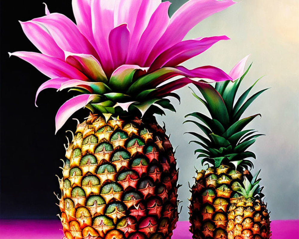 Vivid pink flowers on pineapples against purple gradient background