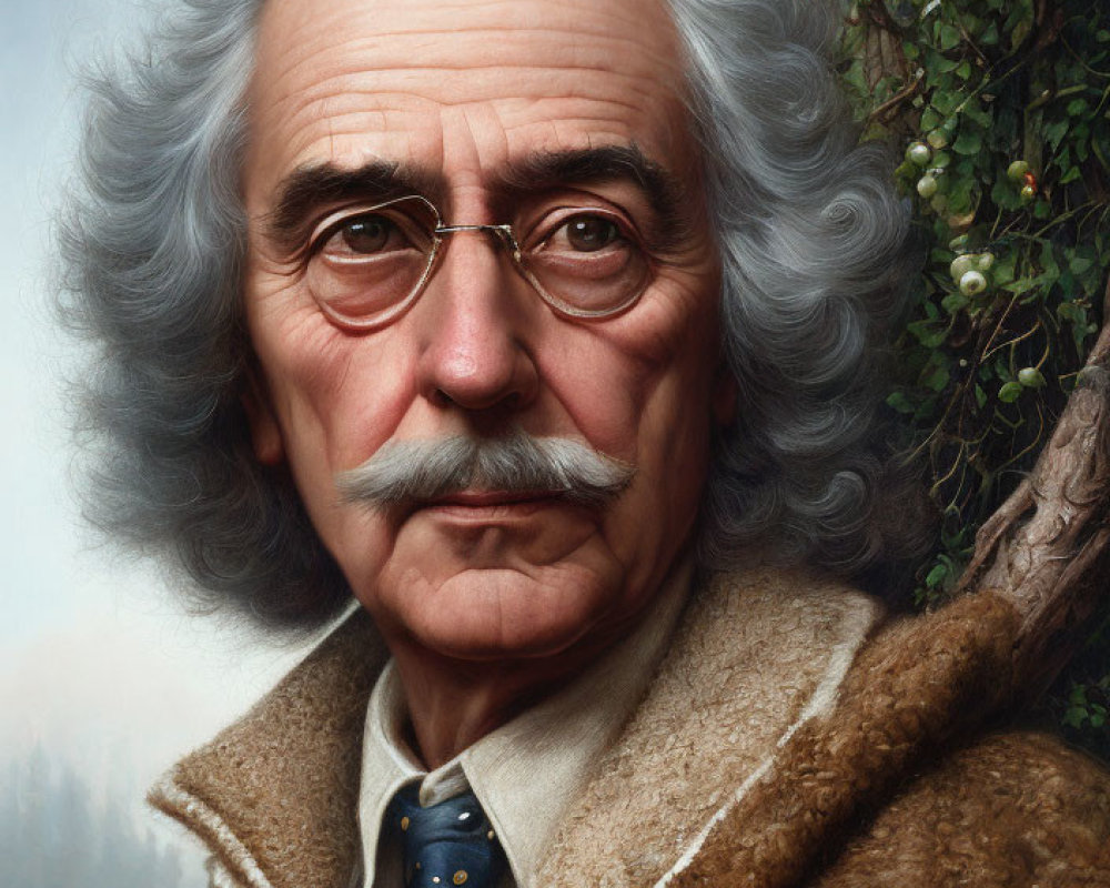Elderly man portrait with white hair, glasses, suit, tie, beige coat, foliage,