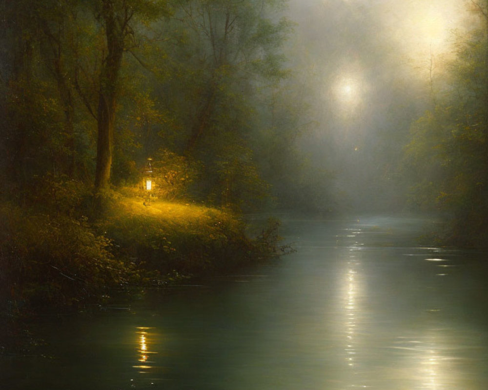 Tranquil river scene with misty sunset glow and lush trees