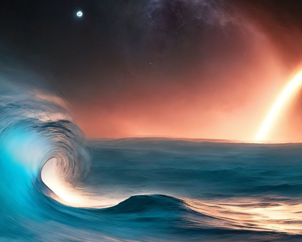 Vibrant cosmic ocean wave with blues, orange, comet streak, and distant celestial body.