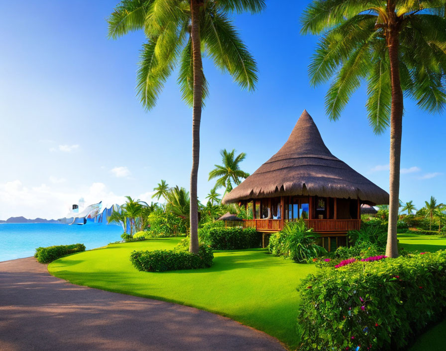 Tropical hut with thatched roof amid palm trees and ocean view