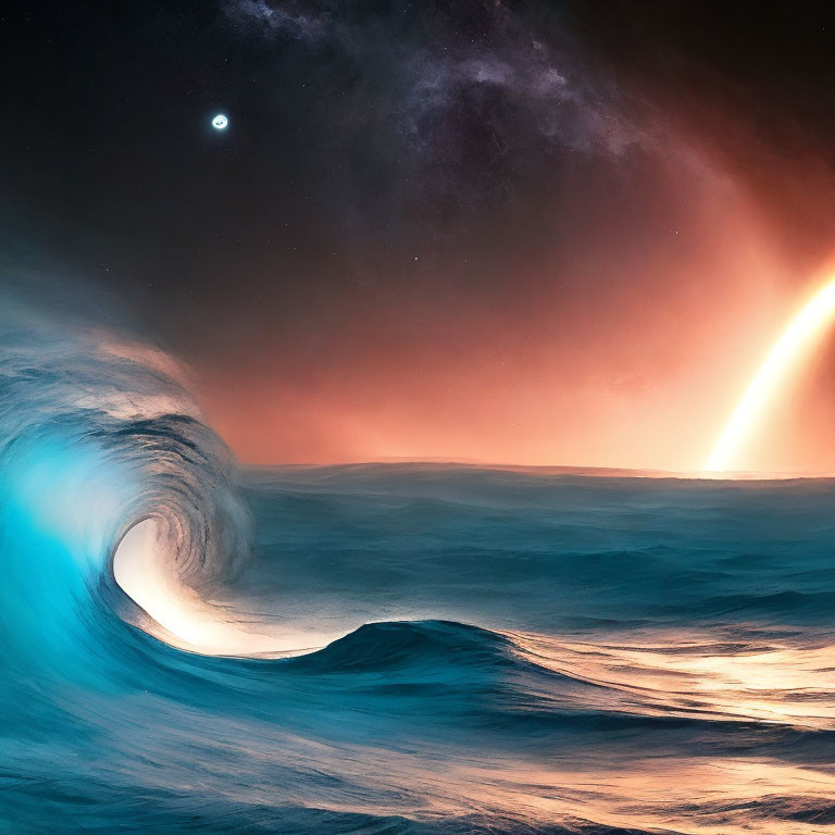 Vibrant cosmic ocean wave with blues, orange, comet streak, and distant celestial body.