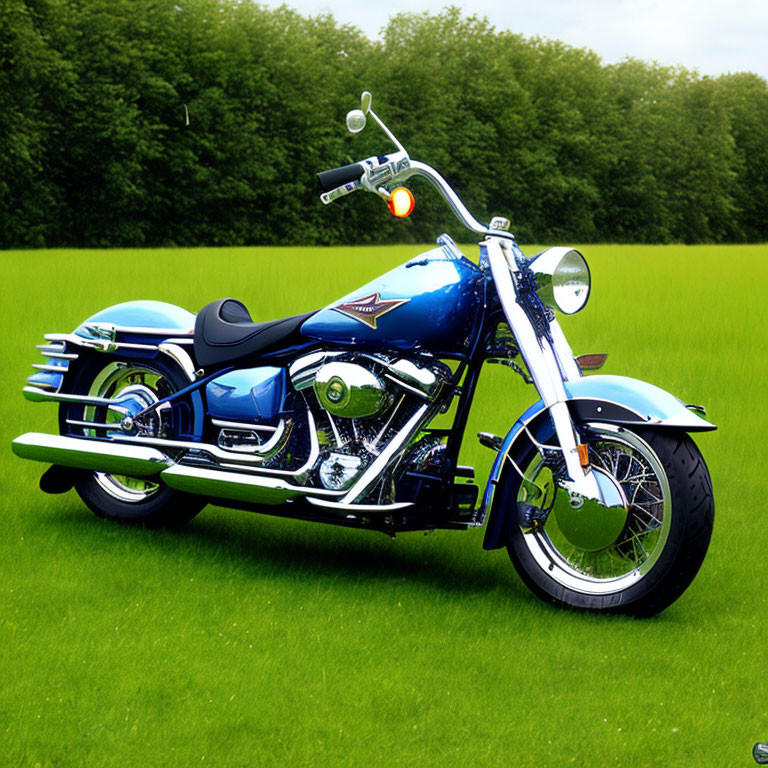 Shiny Blue Motorcycle with Chrome Details Parked on Green Lawn