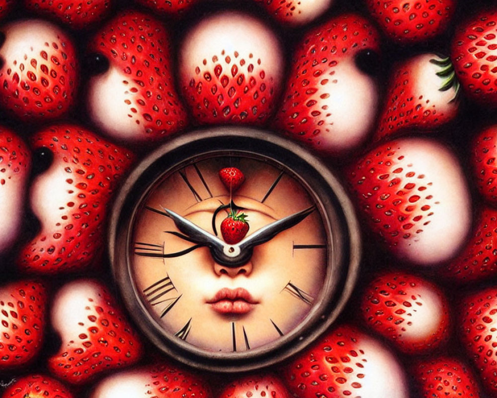 Clock with female facial features and ripe strawberries, strawberry pendulum