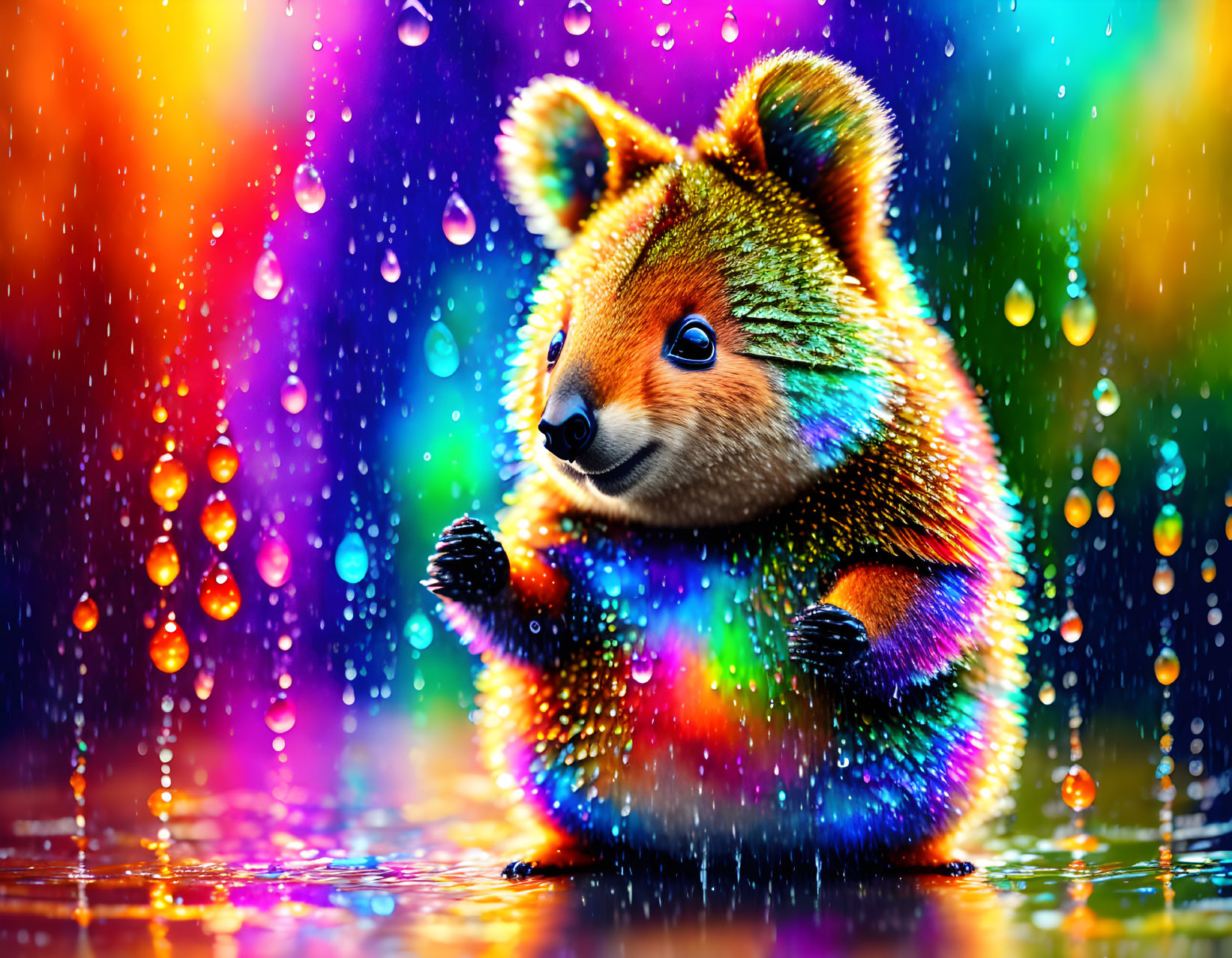 Colorful Digital Artwork: Teddy Bear Creature in Raindrop Scene