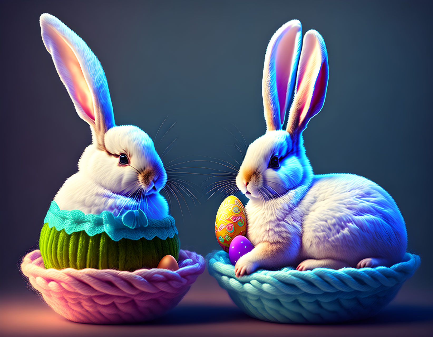 Colorful Digital Bunnies in Easter Egg Basket Scene