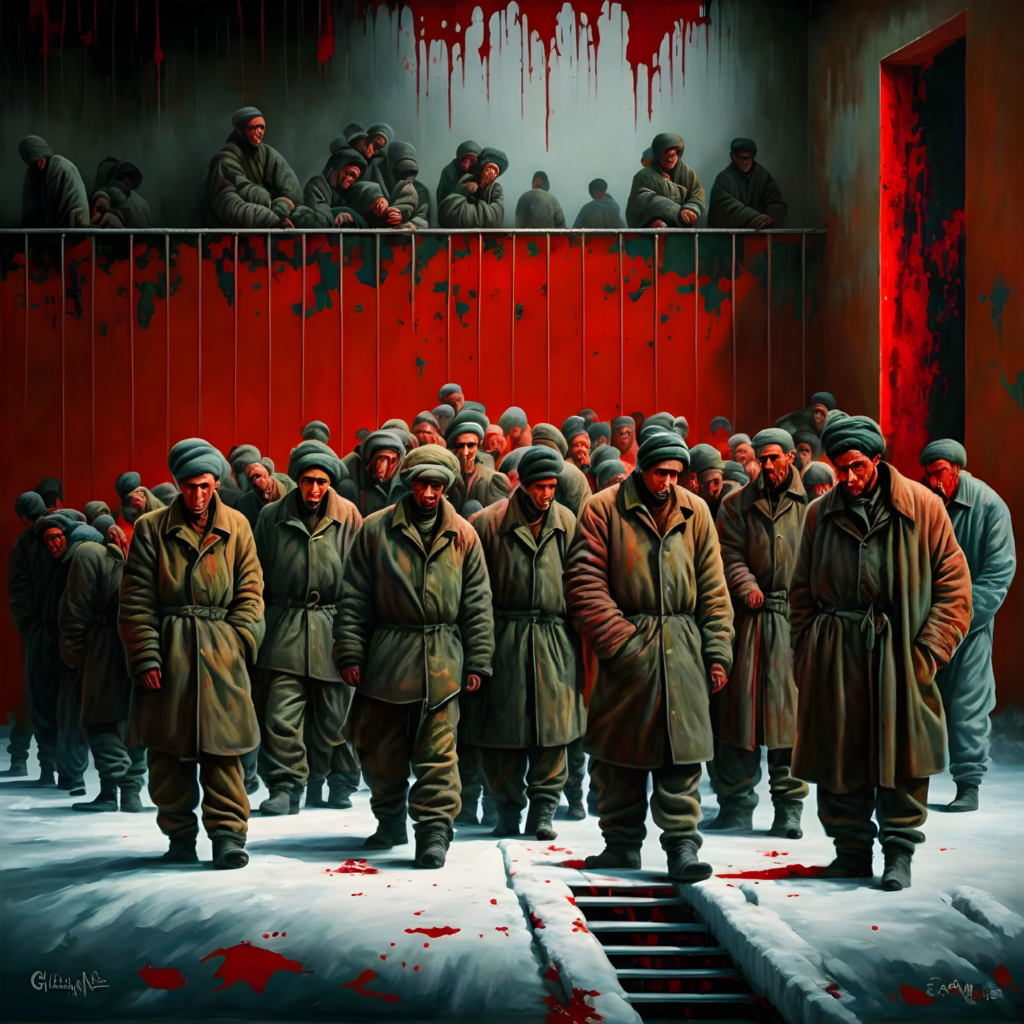 Solemn figures in uniforms march in a red-hued snowy scene