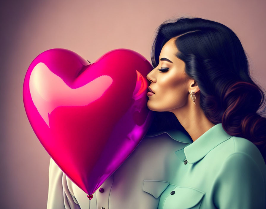 Styled hair woman kissing heart-shaped balloon in teal blouse