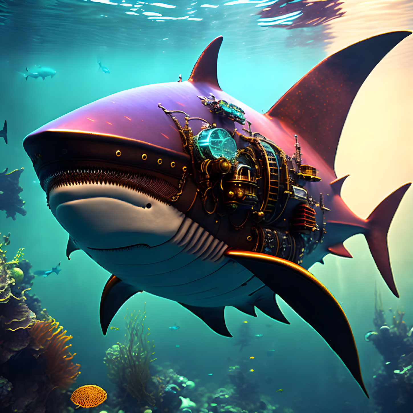 Mechanical shark with gears in underwater scene.
