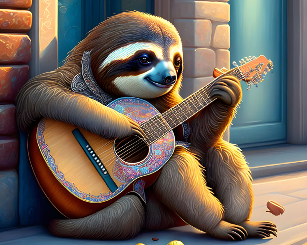 Illustrated sloth playing guitar with bandana on sunny doorstep.