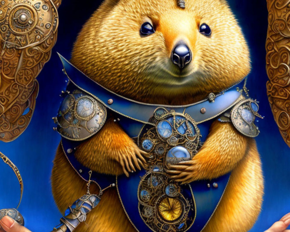Stylized anthropomorphic quokka in steampunk armor with mechanical elements on blue backdrop