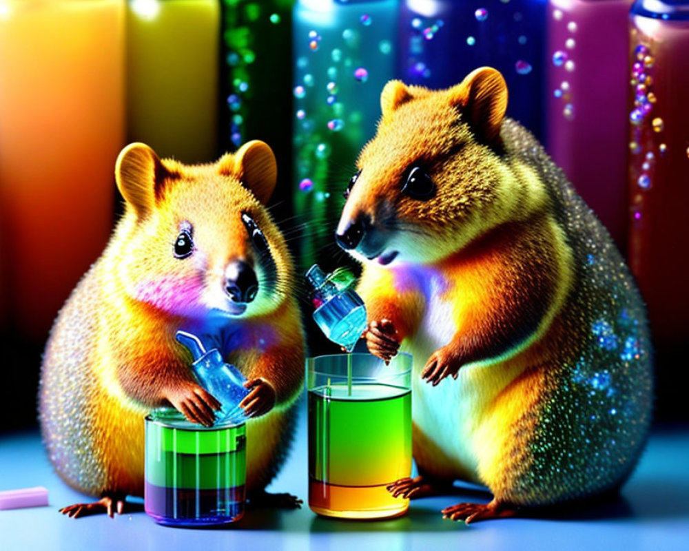 Colorful Cartoon Hamsters Conducting Science Experiment on Sparkly Background