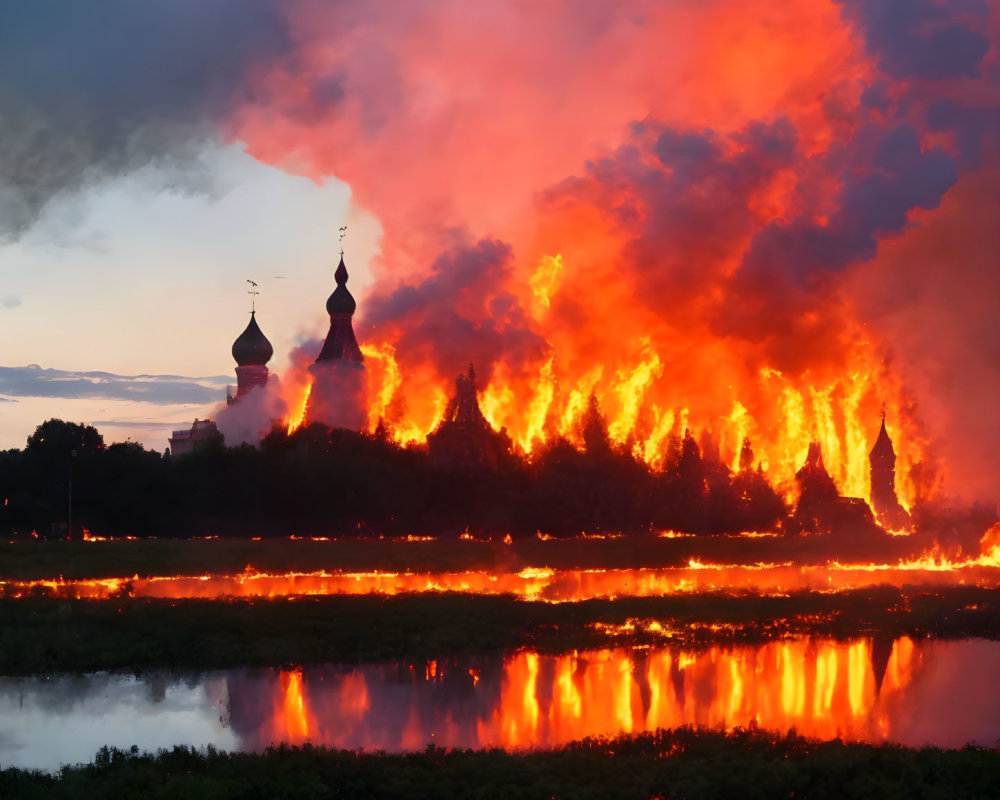 Massive fire near church with onion domes in sunset reflection.