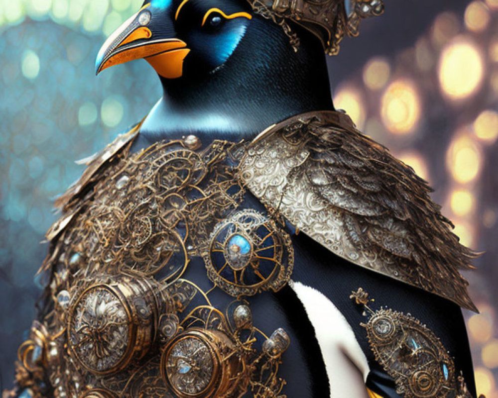 Steampunk-style armored penguin in ornate gear against warm background