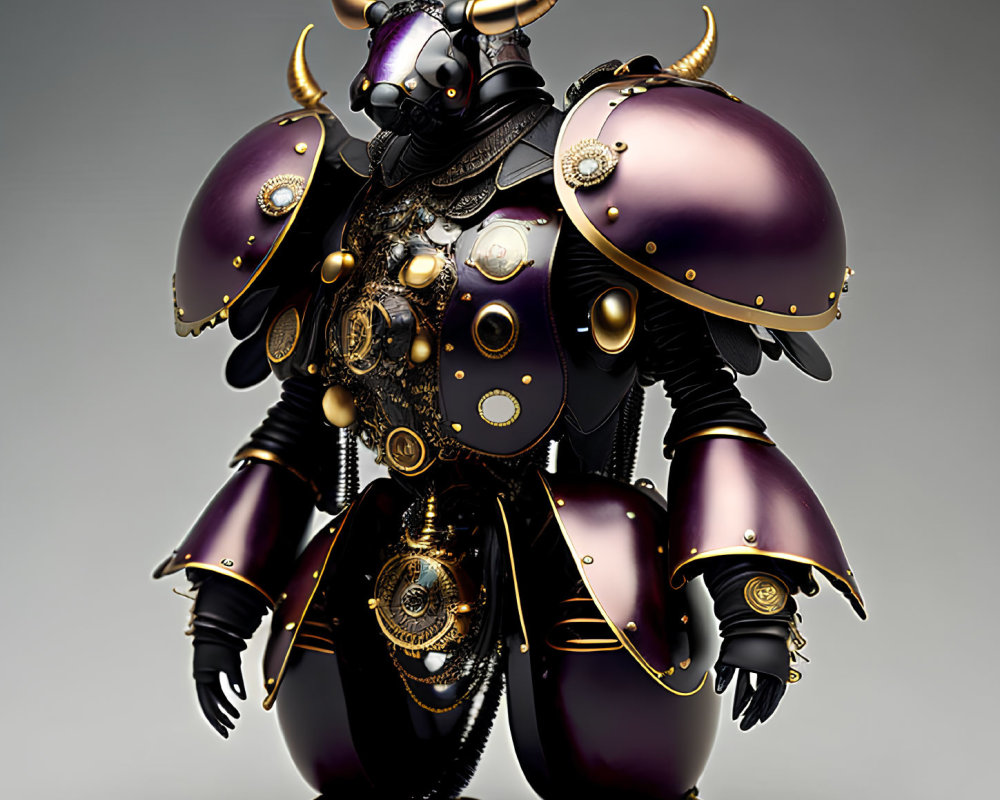 Stylized 3D rendering of ornate armor with purple and gold accents