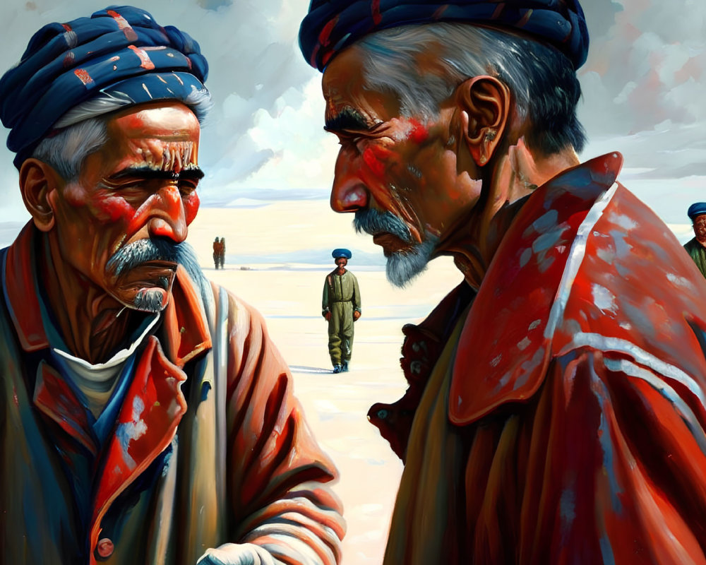 Elderly men with red noses and paintbrush, in striped headbands, with onlookers