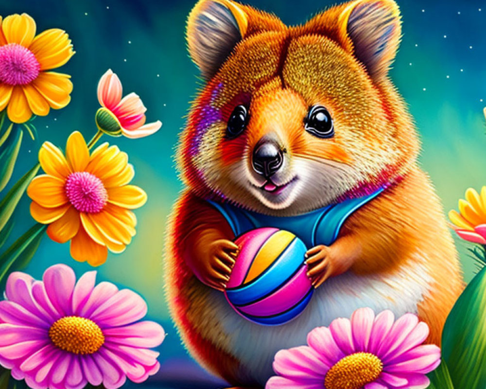 Colorful Quokka Holding Beach Ball Surrounded by Pink Flowers