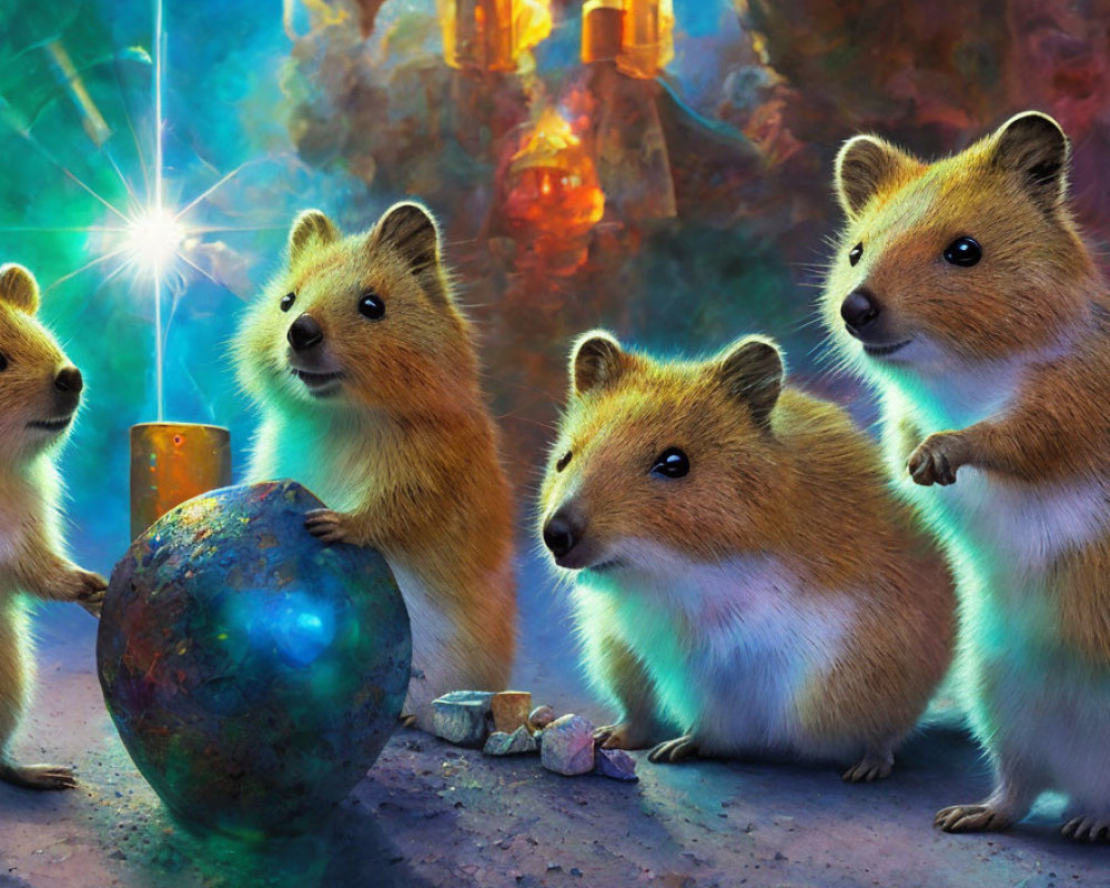 Four Animated Hamsters Gathered Around Glowing Crystal in Mystical Cave