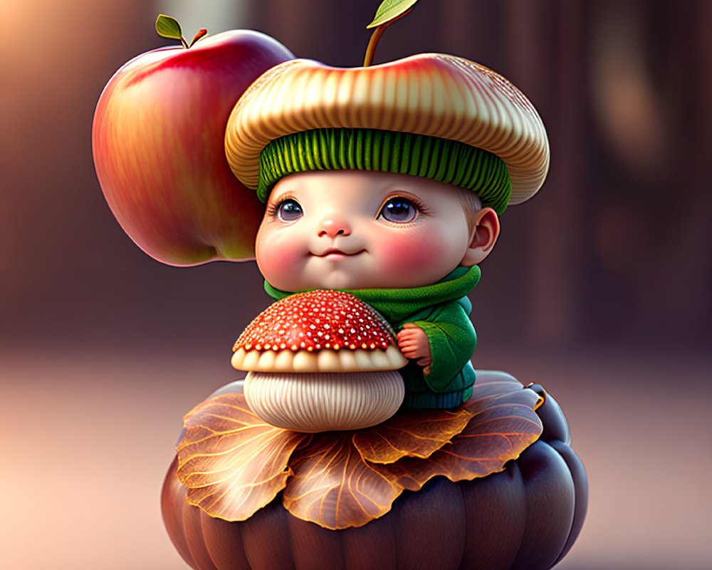 Chubby character with apple hat in autumnal setting