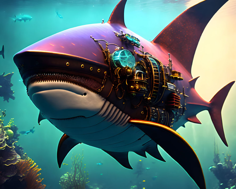 Mechanical shark with gears in underwater scene.