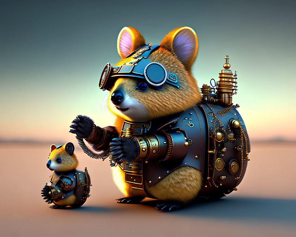 Steampunk-themed anthropomorphic mouse with goggles beside smaller mouse at sunset