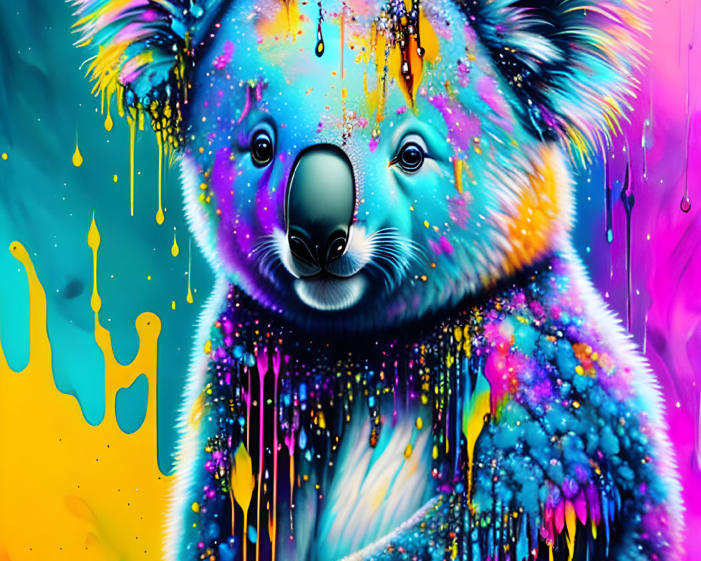 Colorful Koala Painting with Neon Dripping Paint on Swirling Background