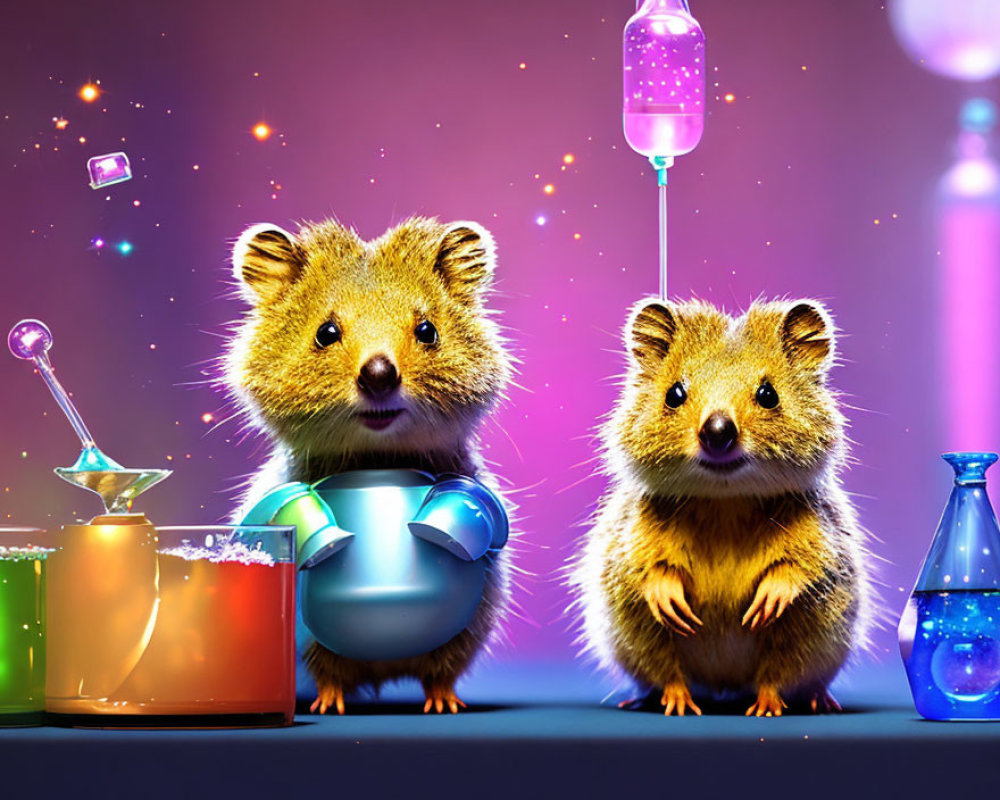 Colorful Cartoon Quokkas in Laboratory Setting with Beakers and IV Drip