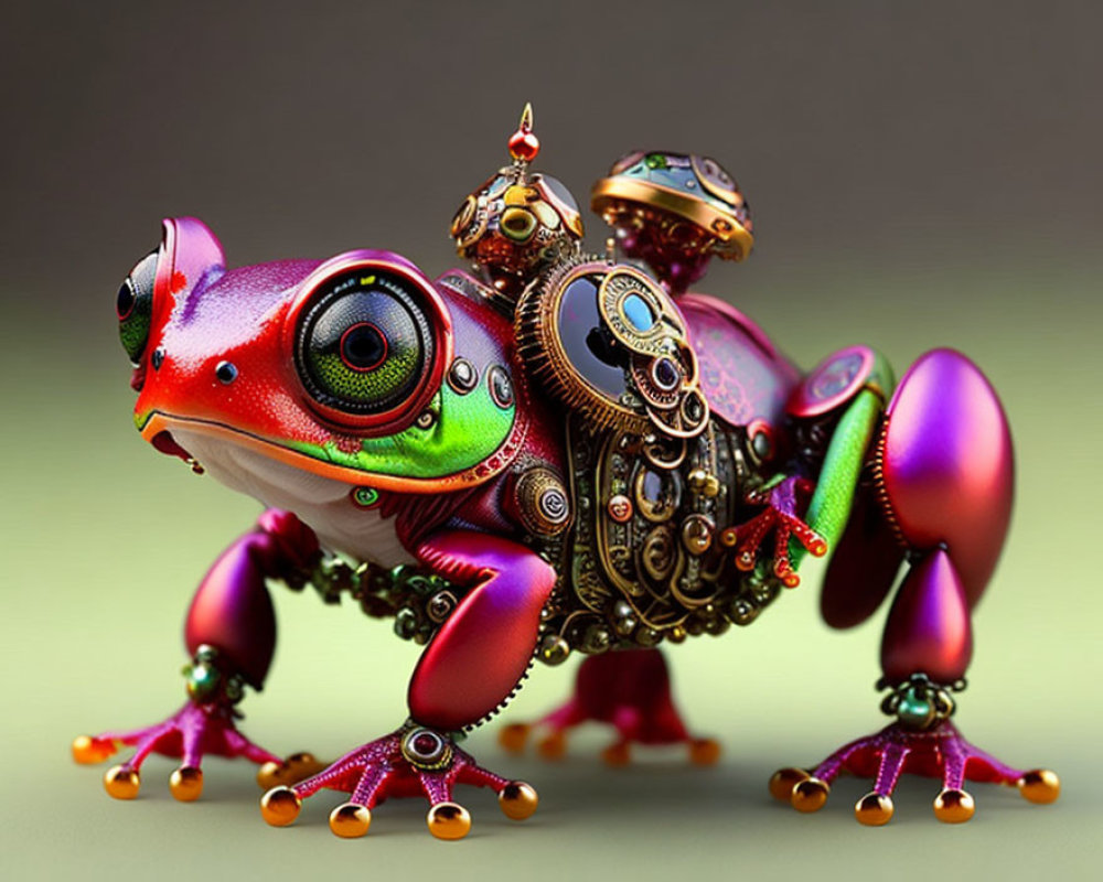 Colorful Steampunk-Style Frog with Gears on Soft Background