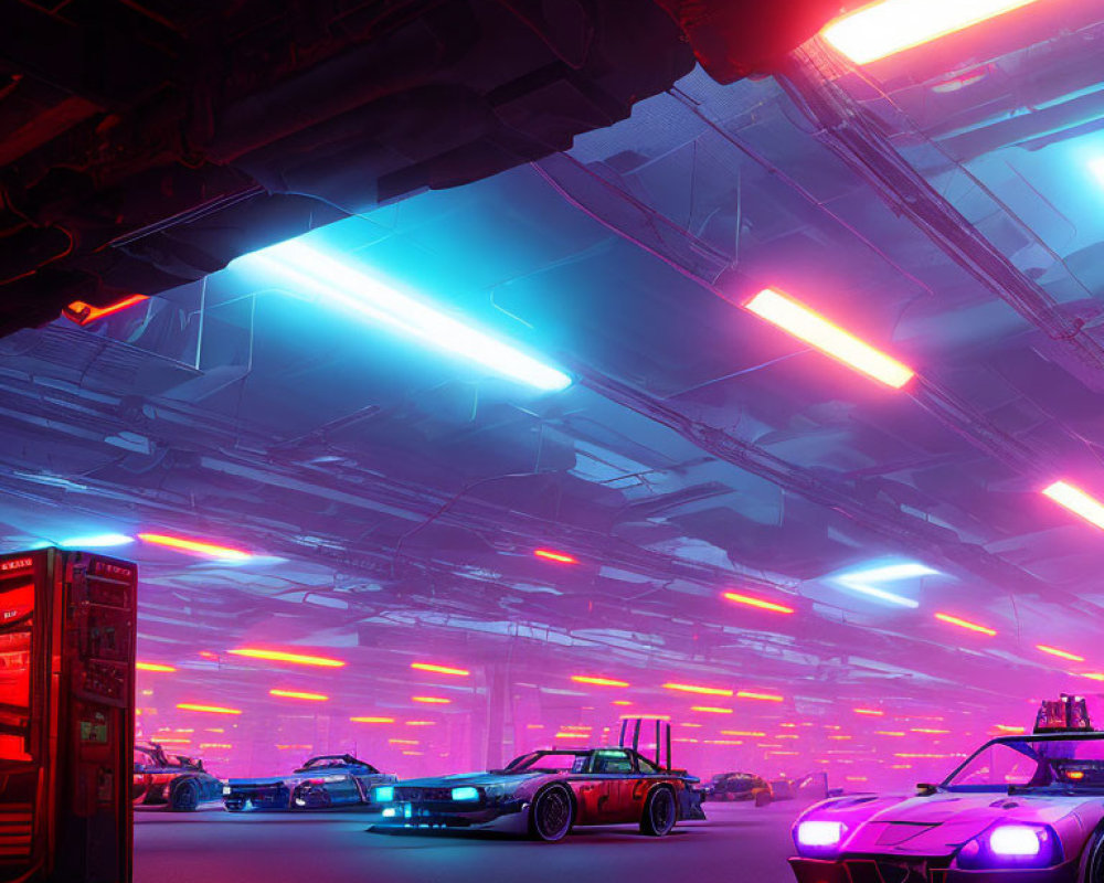 Futuristic Neon-lit Garage with Cyberpunk Sports Cars