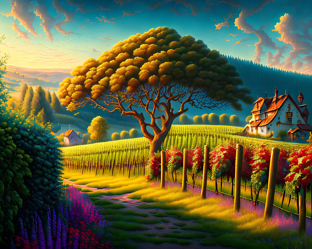 Colorful Sunset Landscape with Tree, Vineyards, Path, and House