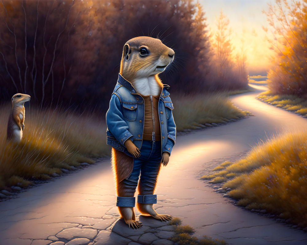 Golden-lit forest scene with anthropomorphic otter in leather jacket