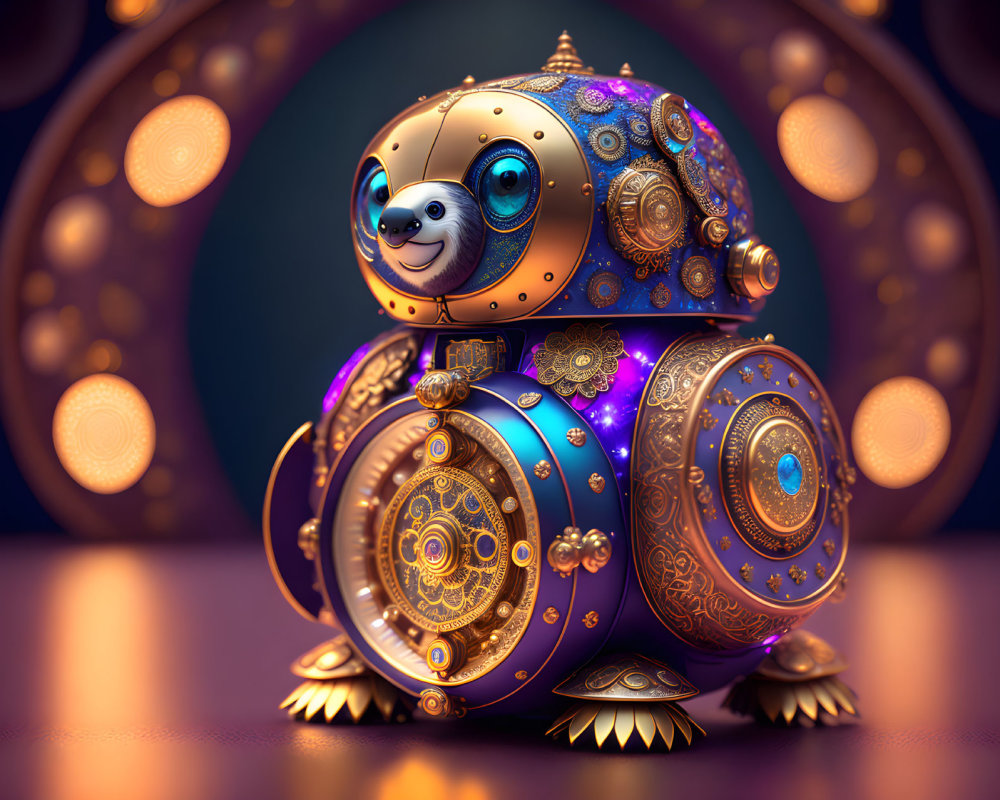 Intricate Steampunk-Style Robot Panda with Gears and Ornamental Patterns