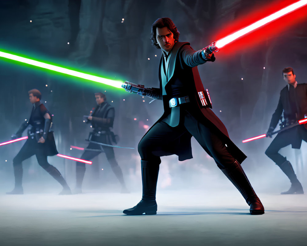 Character with green lightsaber in battle with others with red sabers in foggy environment
