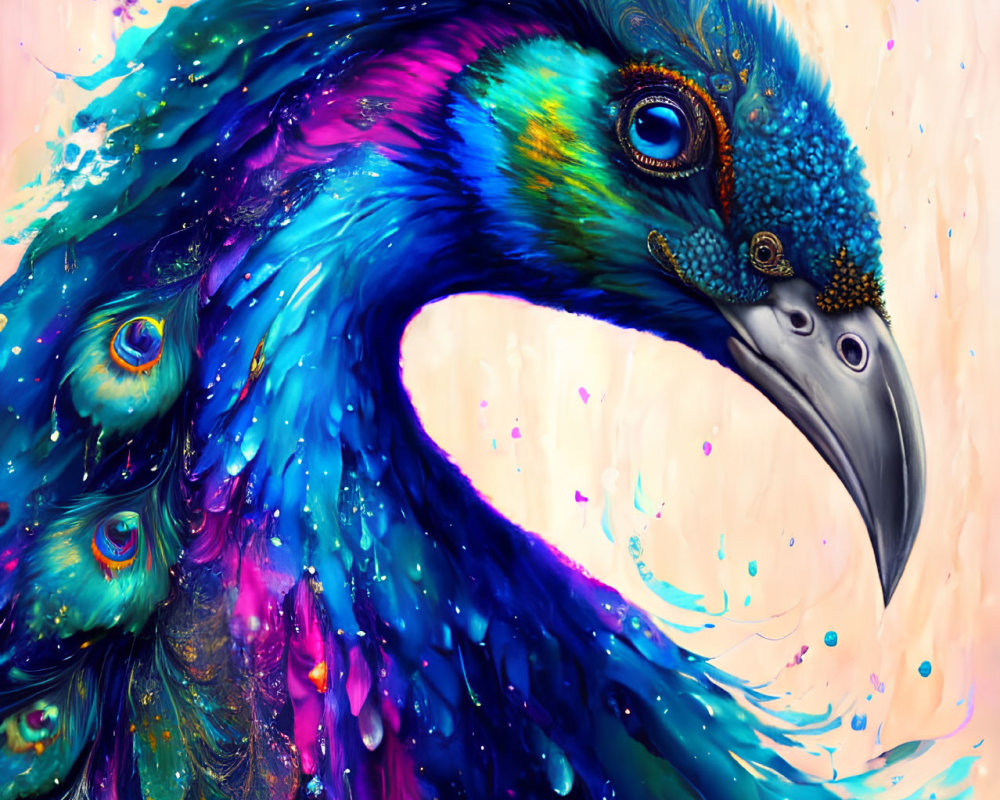 Colorful Peacock Illustration with Blues, Purples, and Pinks